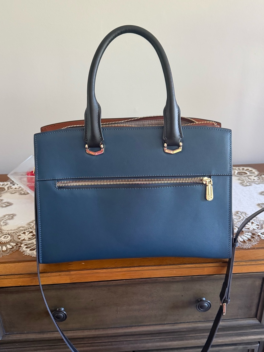 Bostanten Navy Blue Leather Tote Handbag Gold Hardware Adjustable Strap